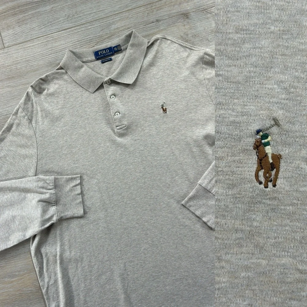 Polo Ralph‎ Lauren Mens XXL 2XL Greige Long Sleeve Polo Shirt Flesh Pony Logo